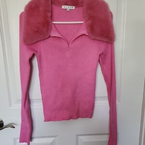 Pink Ribbed Sweater with Faux Fur Collar